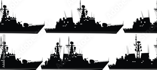 Military warship silhouette collection, navy battleship design, combat vessel illustration, maritime defense ship, armed forces destroyer, black and white graphic