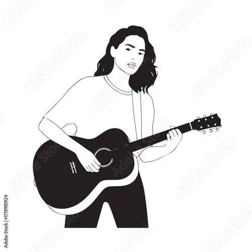 
Black and white line art of a cool woman playing guitar in casual outfit minimalist stylish illustration
