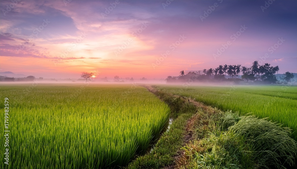 Obraz premium green rice field in the foggy morning sunrise pink misty summer sunrise over rice fields