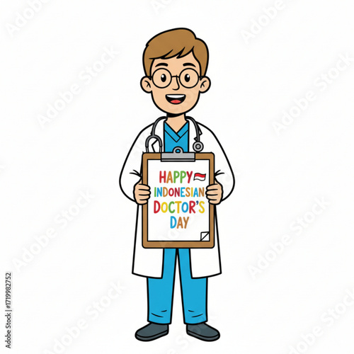 A cartoon doctor is smiling while holding a board that says “Happy Indonesian Doctor’s Day.” He wears a white coat, stethoscope, and blue medical uniform.