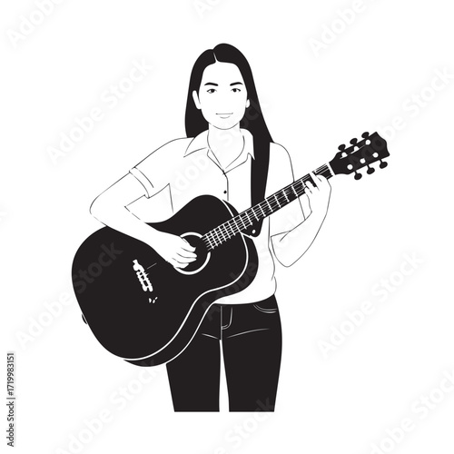 
Black and white line art of a cool woman playing guitar in casual outfit minimalist stylish illustration