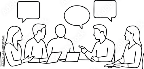 Funny cartoon vector illustration of a team of diverse business people holding hands and talking with speech bubbles
