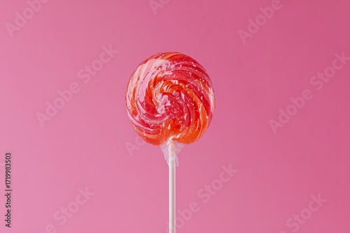 Red Swirled Lollipop on White Stick Against Pink Background