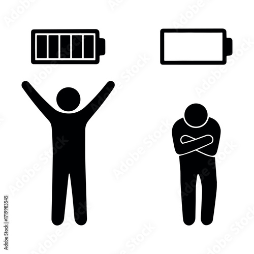 Low energy and tiredness human silhouette icon set . Battery level lifestyle vector illustration