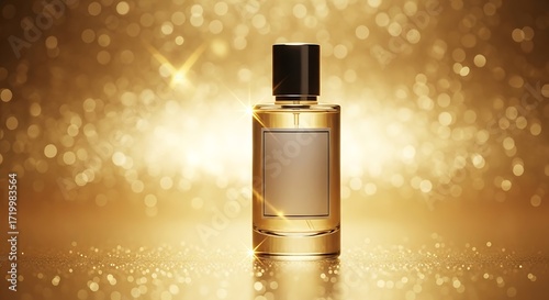 Golden aura perfume bottle with bokeh lights for glamourous fragrance