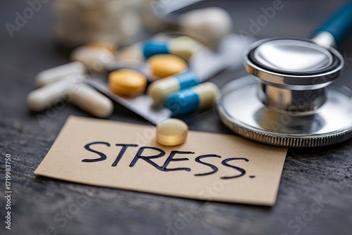 Medical Stethoscope with Pills and Stress Note in Dark Office Setting