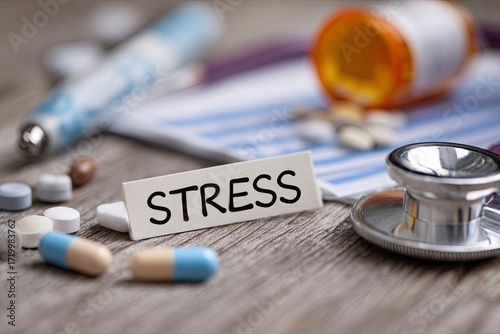 Stress Medication Pills and Prescription Bottles on Wooden Surface with Medical Stethoscope