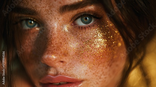 Close-up portrait of a woman with striking blue eyes and golden glittery freckles, showcasing ethereal beauty and artistic makeup technique in warm, luminous tones
