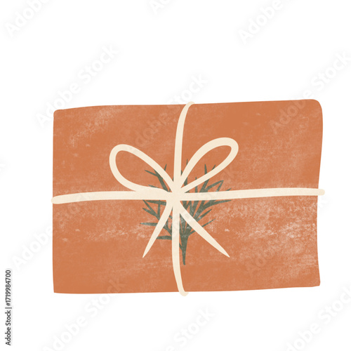 Rustic hand-drawn orange-brown gift box with cream ribbon bow and green sprig illustration