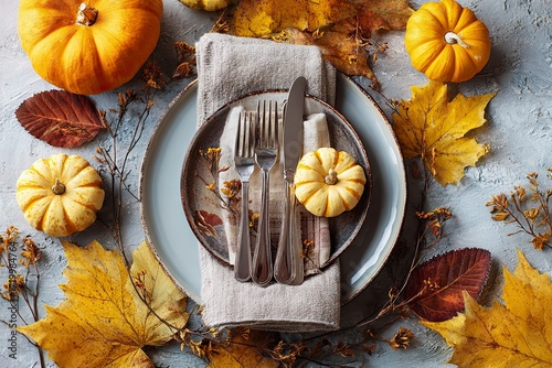 Autumn Themed Place Setting with Small Pumpkins and Fall Leaves on Textured Surface