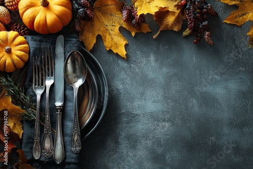 Elegant Autumn Table Setting with Pumpkins Leaves and Silverware on Dark Table