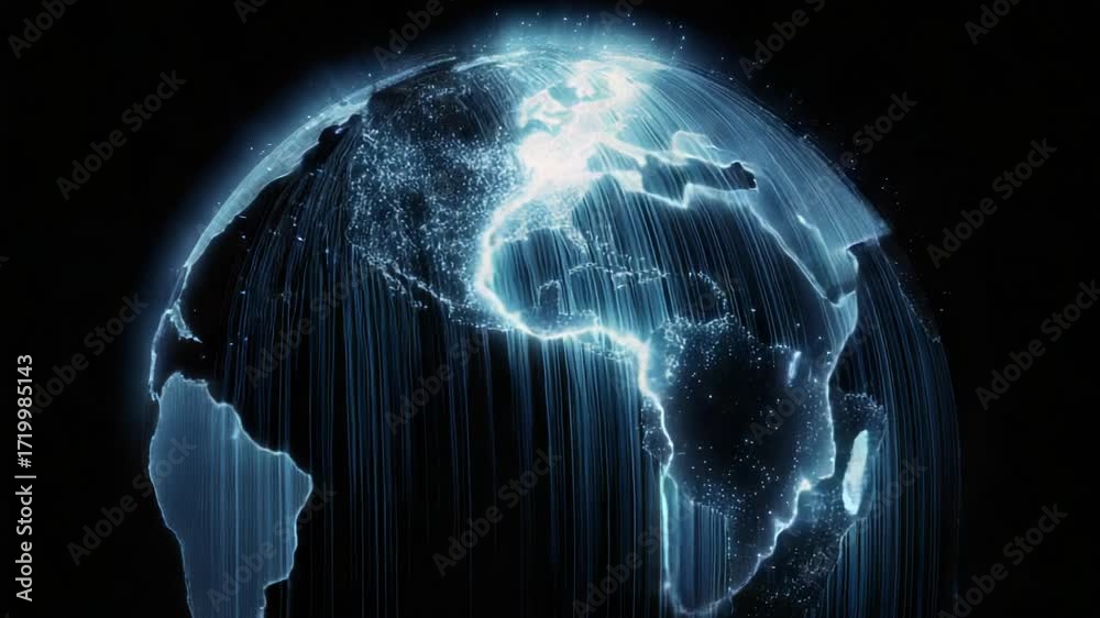 Stylized blue planet earth rotating in space with glowing continents ...