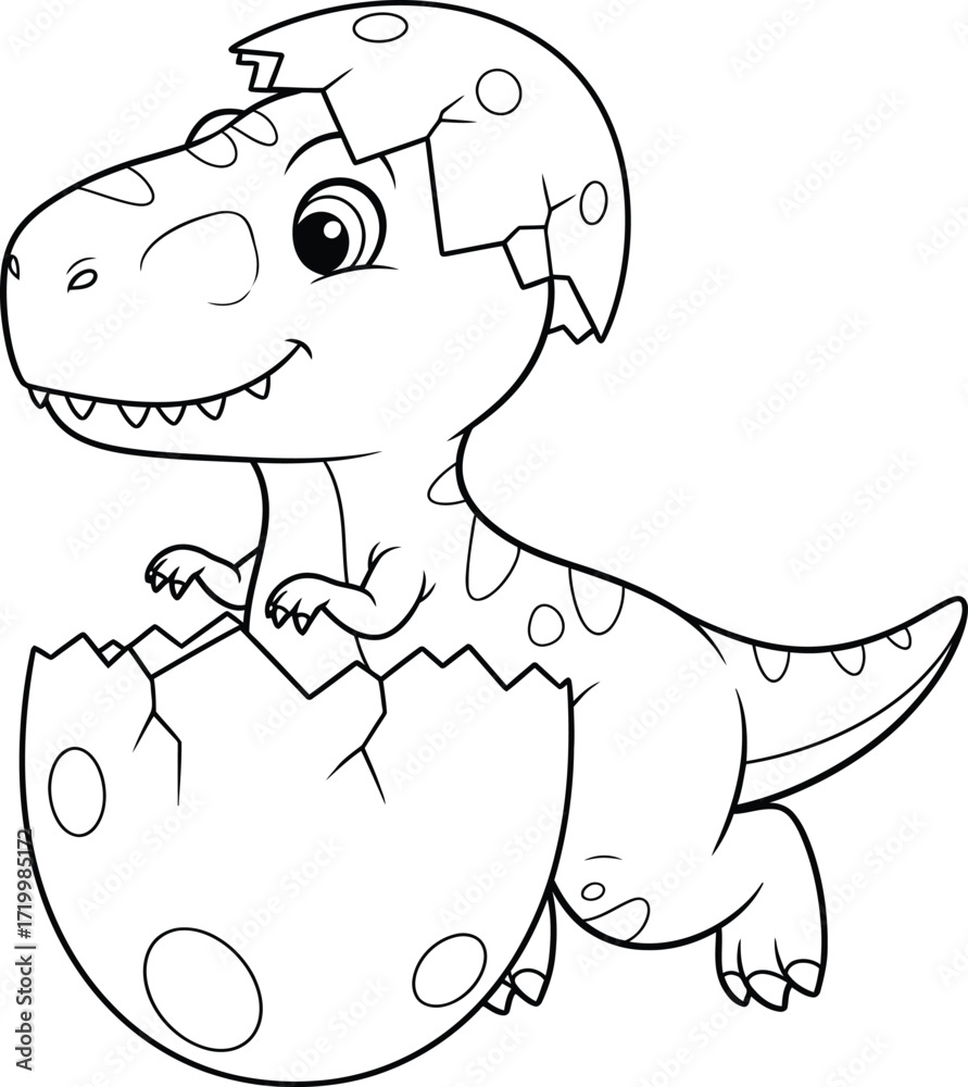 Fototapeta premium Cute Baby T-Rex Dinosaur Hatching from Egg - Cartoon Line Art Illustration for Coloring Book