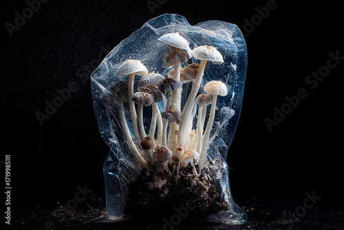 Mushrooms Growing Inside Transparent Plastic Bag on Dark Background