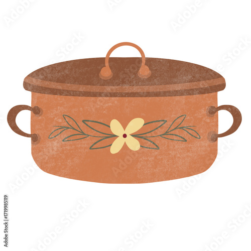 Rustic Orange Pot with Floral Design and Lid