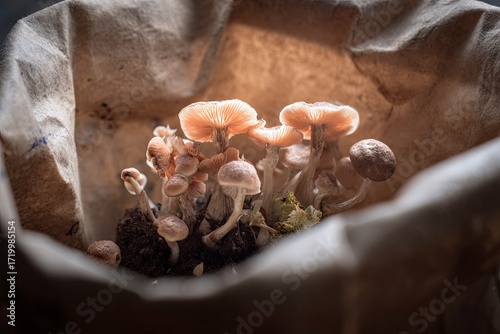 Mushrooms Growing in Paper Bag with Soil and Dark Background