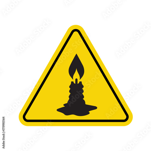 caution warning sign with burning candle flame symbol inside yellow triangle for fire safety alert