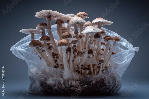 Mushrooms Growing in Transparent Plastic Bag on Dark Background