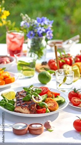 Outdoor summer meal on a white tablecloth
