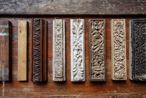 Assorted Vintage Carving Molding Samples on Wooden Surface in Various Colors and Styles