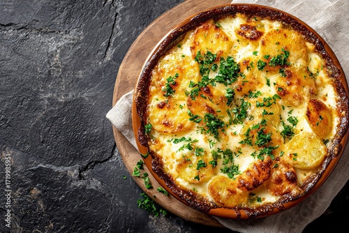 Cheesy Potato and Herb Baked Dish in Rustic Bowl on Dark Surface
