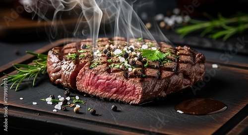 A succulent, grilled steak, glistening with moisture, sits on a dark wooden cutting board, fragrant with herbs and spices, and emitting steam.