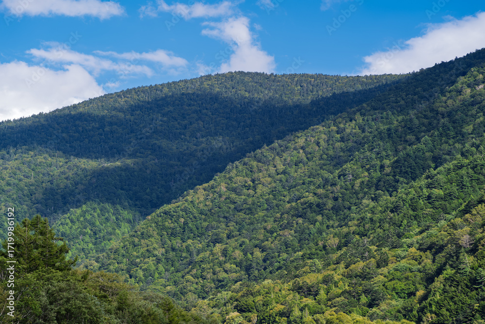 Naklejka premium 青空と雲の光と影が織りなす緑豊かな山々(長野県上高地)