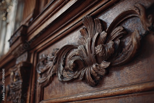 Intricately Carved Wooden Furniture Detail with Ornate Floral Design and Rich Natural Finish