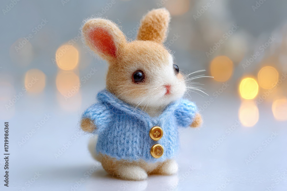 Fototapeta premium A cute and cuddly handmade bunny toy wearing a blue knitted sweater, with a soft, fluffy texture and charming details, set against a blurred bokeh background.