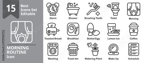 Morning Routine icons set. Contains shower, breakfast, exercise, wash and getting ready. Editable outline vector illustration.