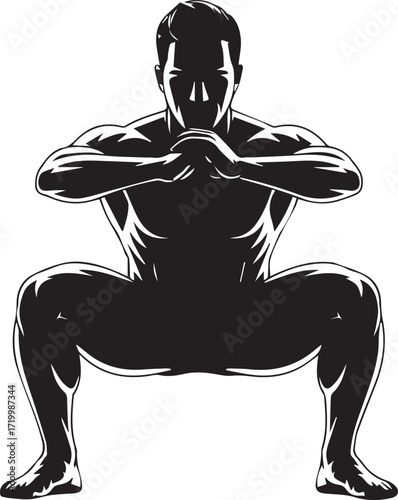 Fitness athlete silhouette performing a deep squat exercise for strength training and muscle building