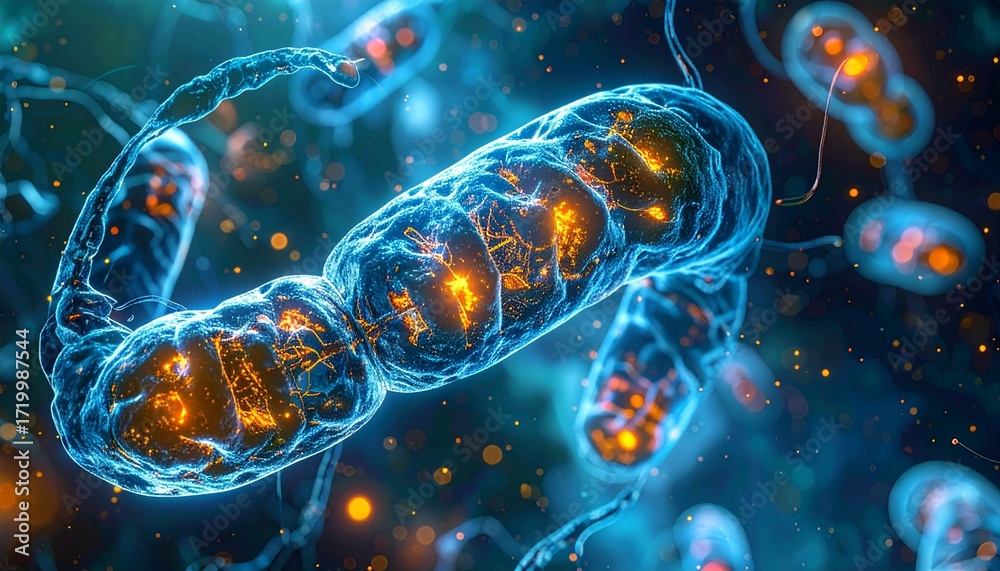Obraz premium Realistic Microscopic Visualization of Mitochondria Generating Energy via ATP