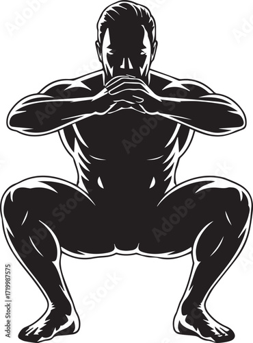 Muscular fitness athlete silhouette performing a deep squat exercise focused and determined