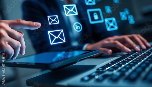 Person using tablet and laptop with glowing email and Linked In icons connected message communication