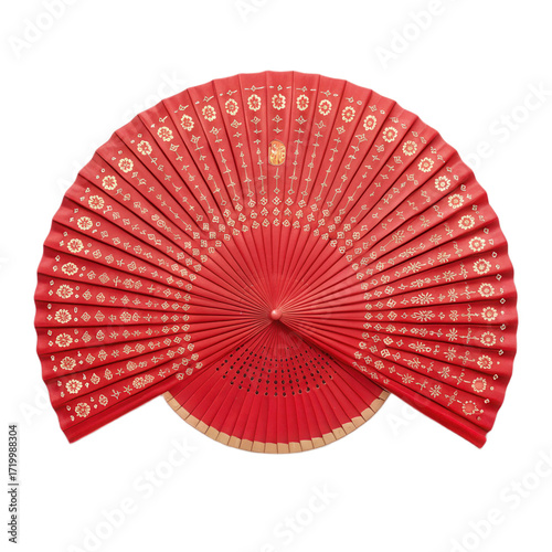 Elegant red fan with intricate gold designs on transparent background, perfect for cultural events or decorative purposes