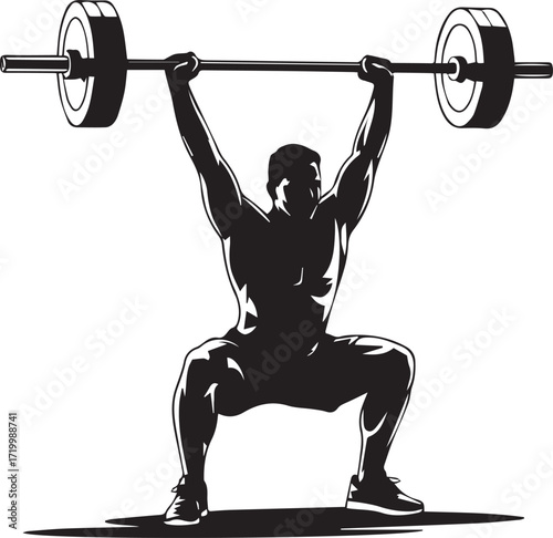 Powerful silhouette of a fitness athlete performing a barbell overhead squat strength training