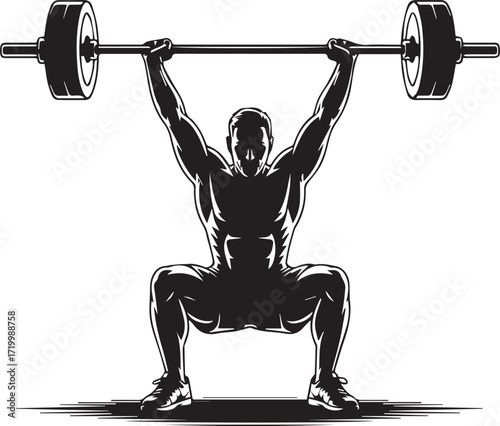 Powerful fitness athlete silhouette performing overhead barbell squat strength training
