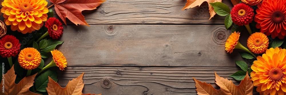 Naklejka premium Autumn Marigolds and Chrysanthemums Framing a Wooden Table, Cozy Rustic Top View Seasonal Background