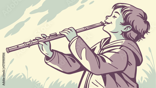 Artistic Hand-Painted Boy Playing Flute with Vibrant Soft Brush Stroke 
