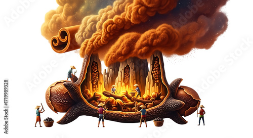 A whimsical illustration isolated on transparent background, depicting miniature figures working inside a giant, splitopen cinnamon stick, with smoke billowing from the center, creating a fantastical 