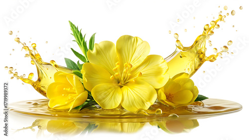 Yellow evening primrose flowers with golden oil splash isolated on a transparent background