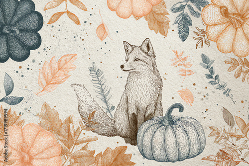 Whimsical Fall Fox Pumpkins Leaves Rustic Pastel Cozy Hand-Drawn Style