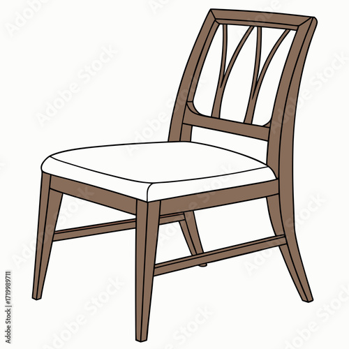 Brown wooden chair with backrest and soft beige seat. Furniture for dining room. Flat vector design