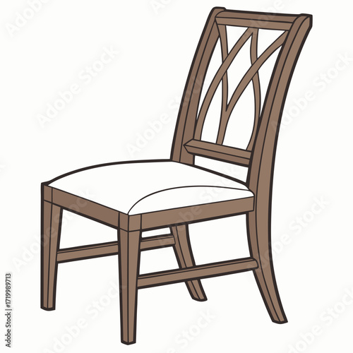 Brown wooden chair with backrest and soft beige seat. Furniture for dining room. Flat vector design