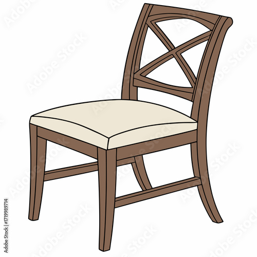 Brown wooden chair with backrest and soft beige seat. Furniture for dining room. Flat vector design