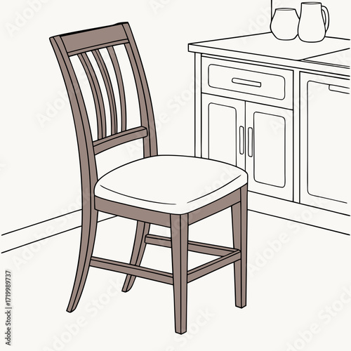 Brown wooden chair with backrest and soft beige seat. Furniture for dining room. Flat vector design