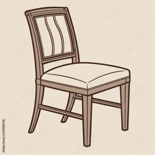 Brown wooden chair with backrest and soft beige seat. Furniture for dining room. Flat vector design