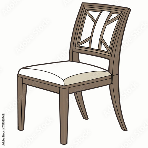 Brown wooden chair with backrest and soft beige seat. Furniture for dining room. Flat vector design