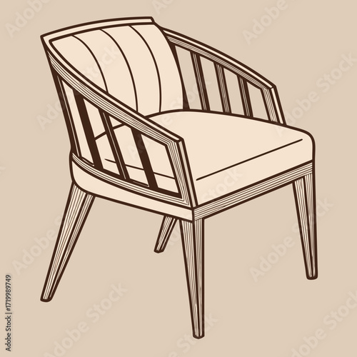 Brown wooden chair with backrest and soft beige seat. Furniture for dining room. Flat vector design