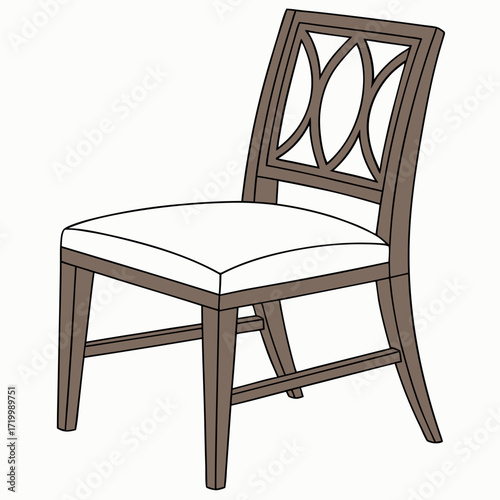 Brown wooden chair with backrest and soft beige seat. Furniture for dining room. Flat vector design
